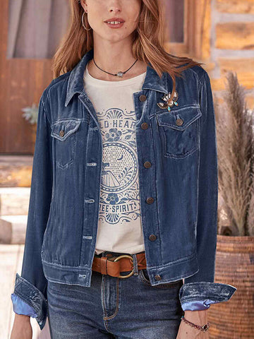 Airchics court veste unicolore velours boutonnage avec poches col revers femme vintage